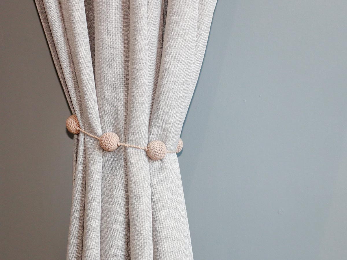 crochet grey balls curtain tie