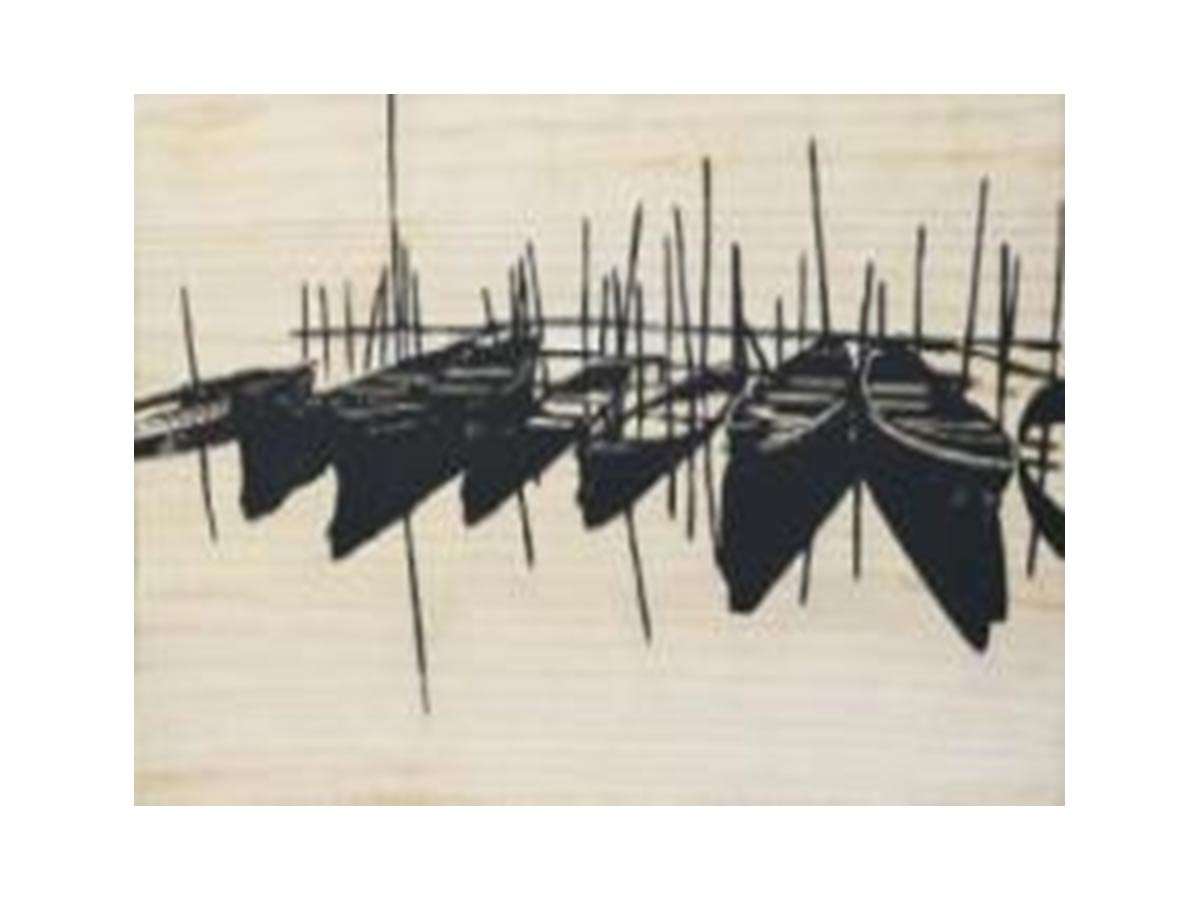 hand-carved boat on natural wood 120x60x4cm