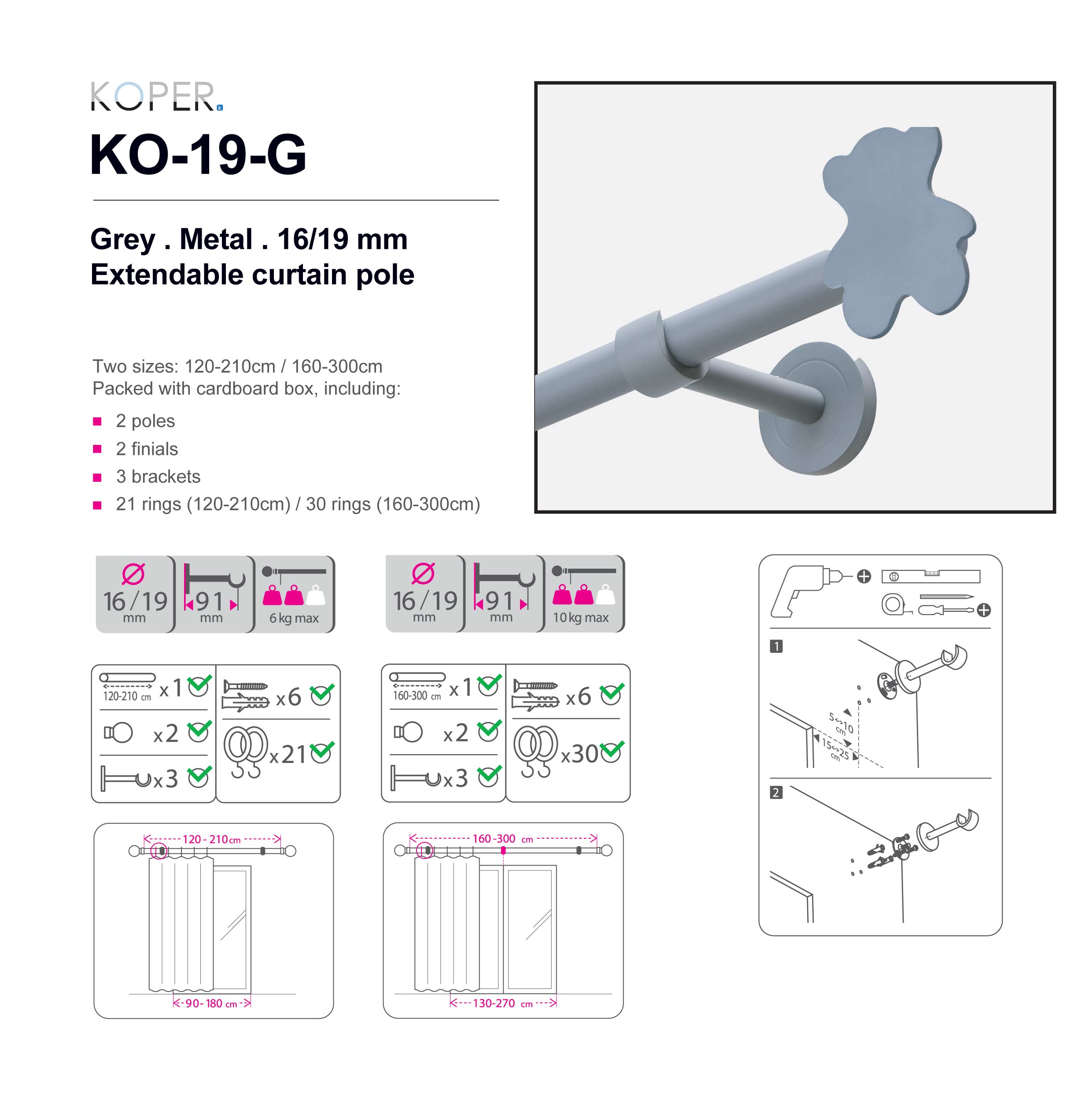 120-210CM Bear design GREY - 16/19mm