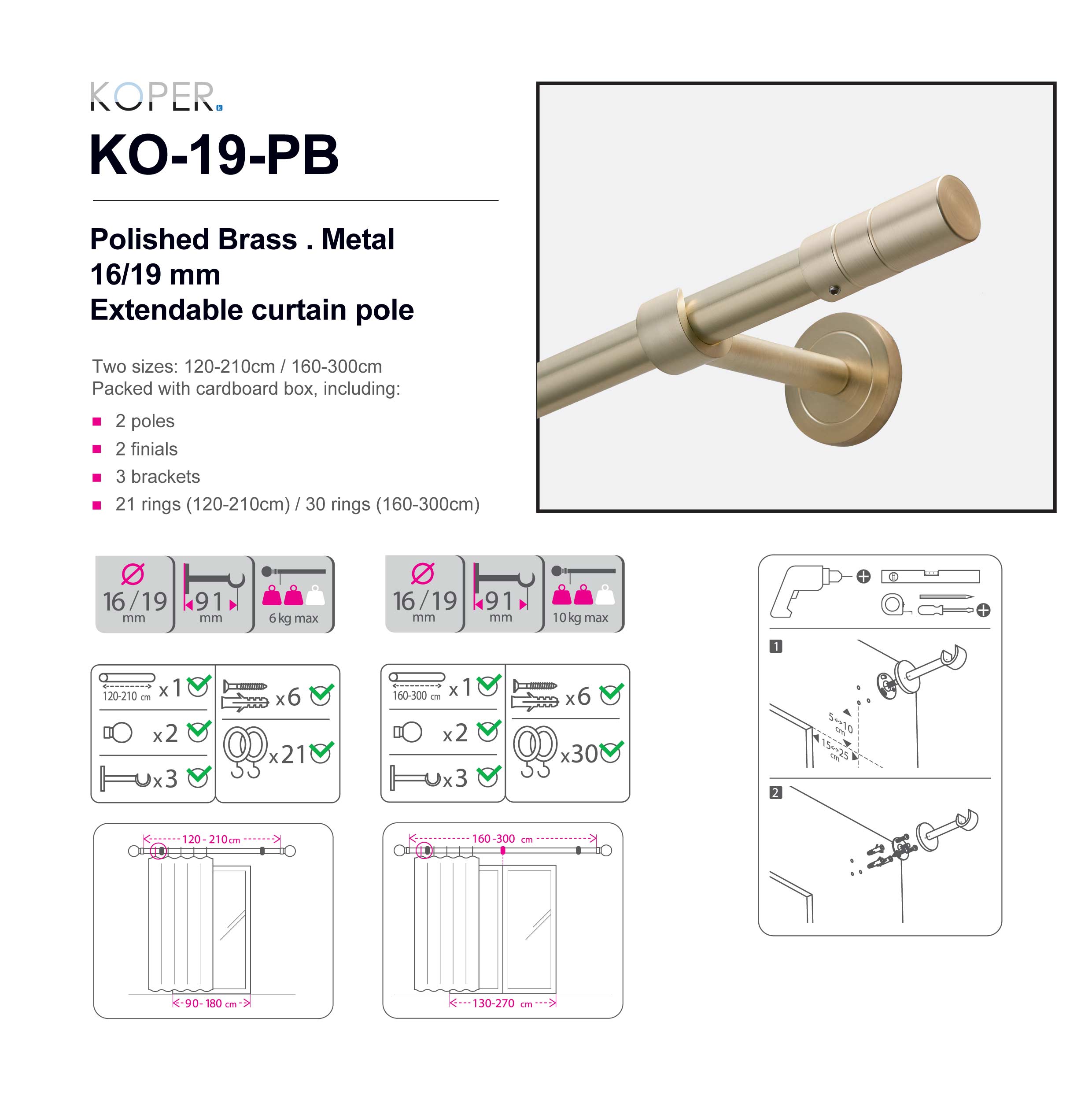 160-300CM POLISHED BRASS - small round pole - 16/19mm