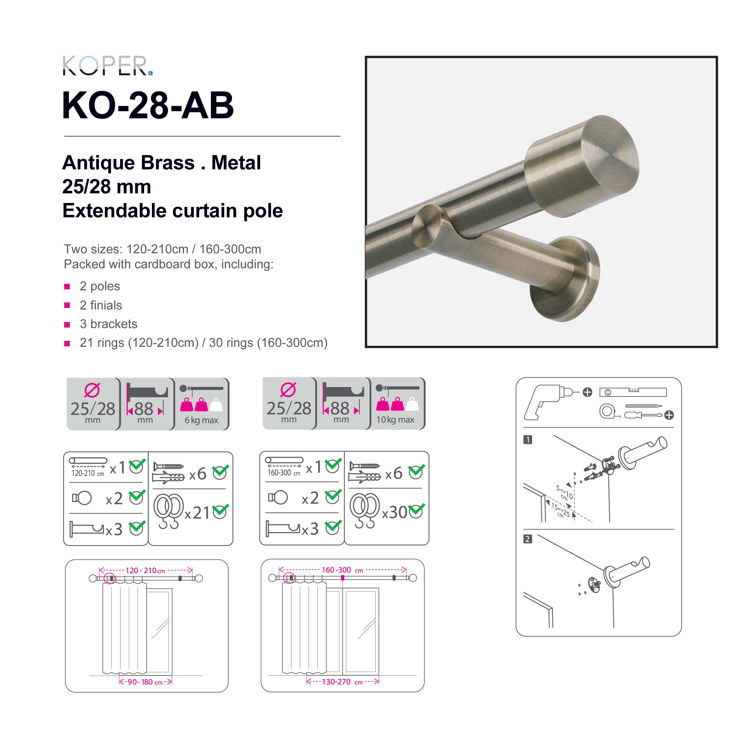 120-210CM ANTIQUE BRASS - Big Pole - 25/28mm