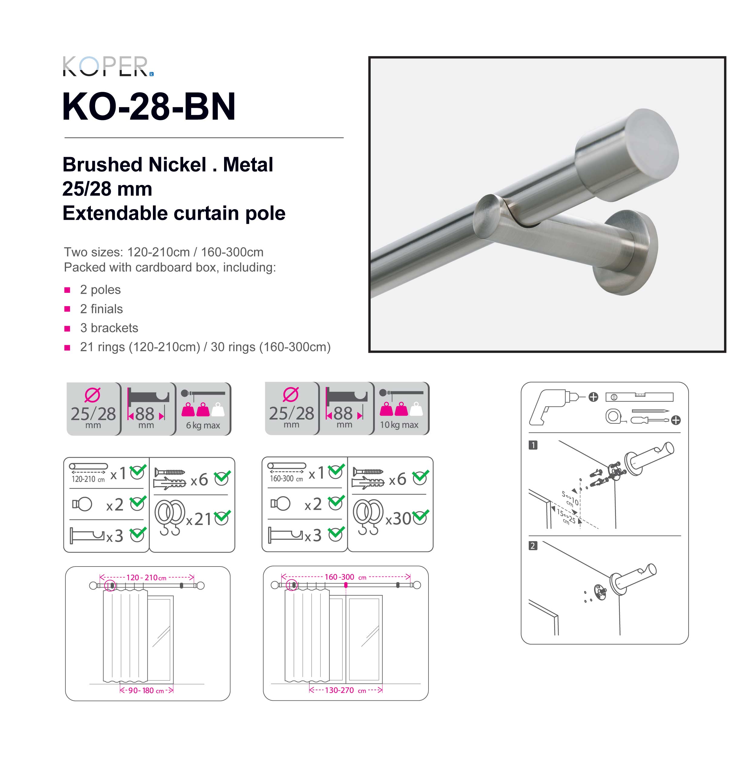 160-300CM BRUSHED NICKEL - Big Pole - 25/28mm