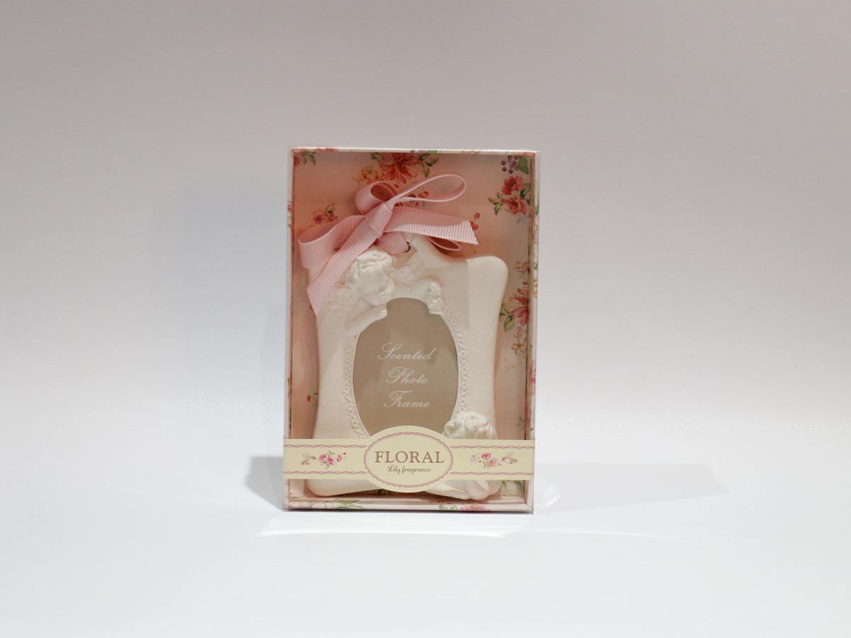 angel scented photo frame with floral design