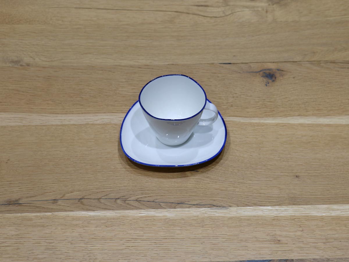 porcelain cup and saucer with blue rim
