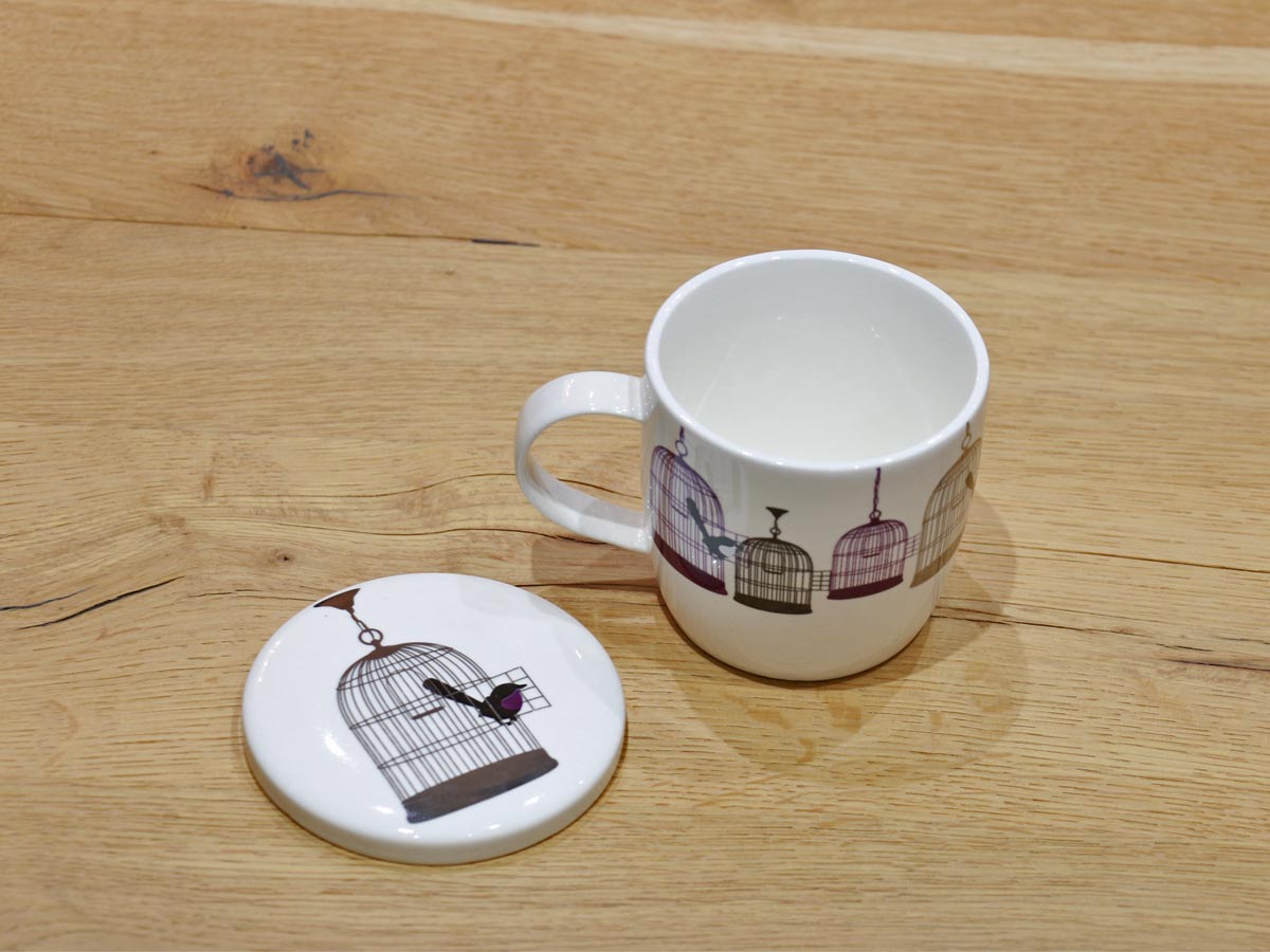 mug with bird and cage design