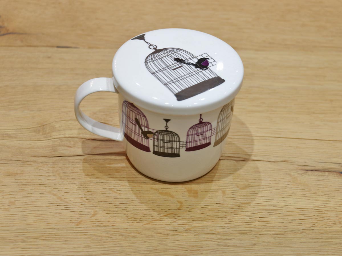mug with bird and cage design