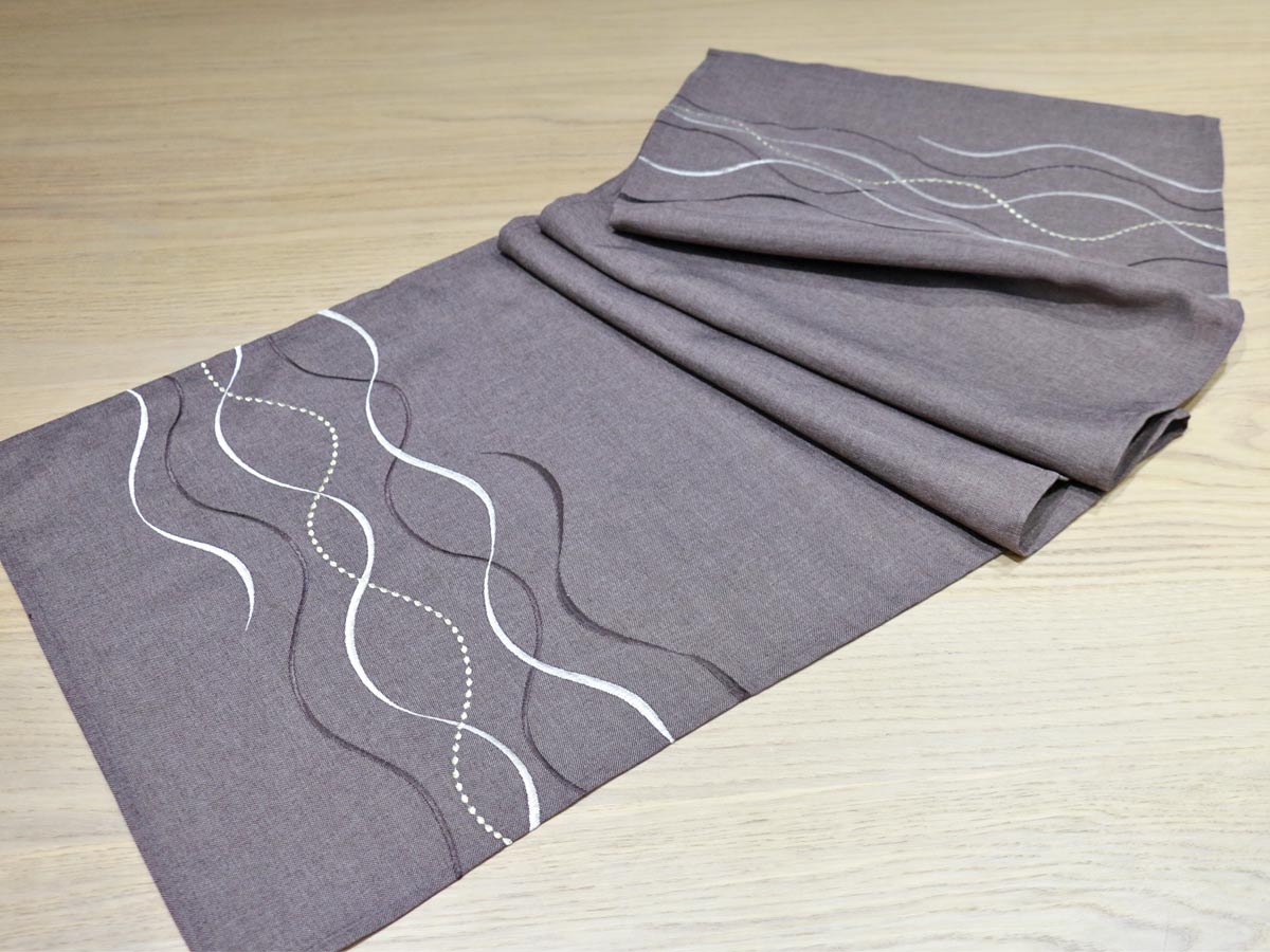 brown table runner white gold wave embroidery