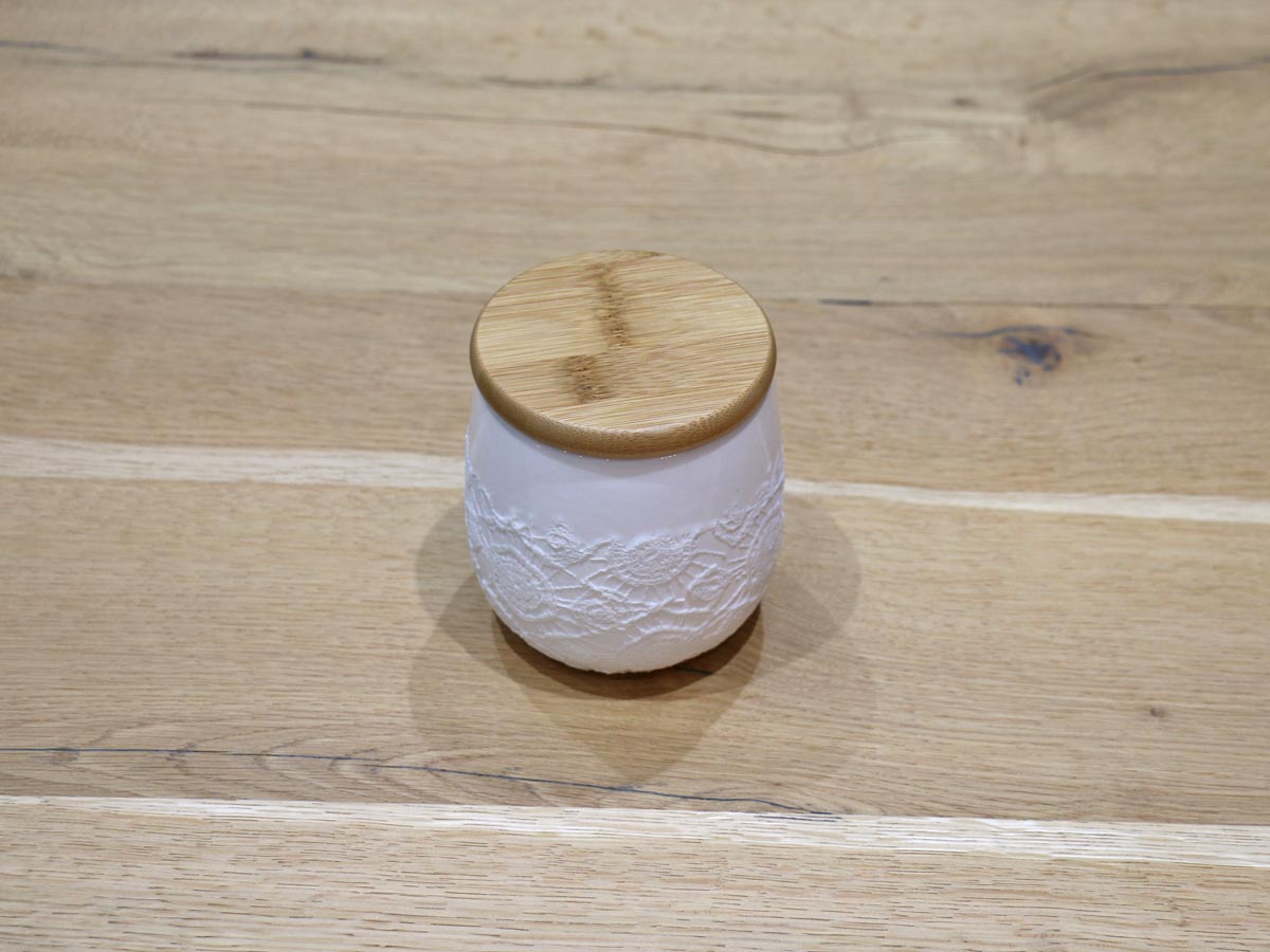 ceramic and wood embroidered canister 11cm