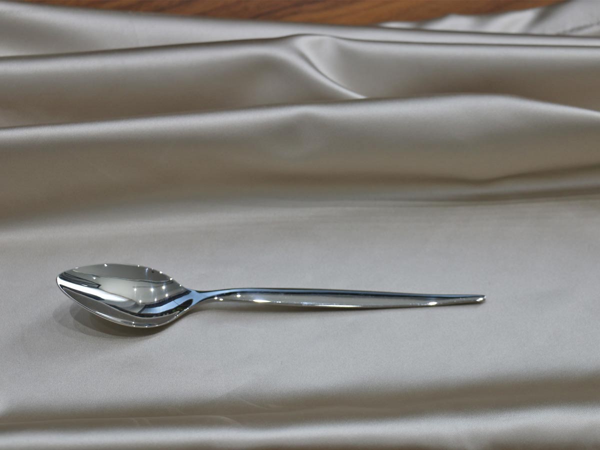 shiny silver-colored stainless steel dessert spoon